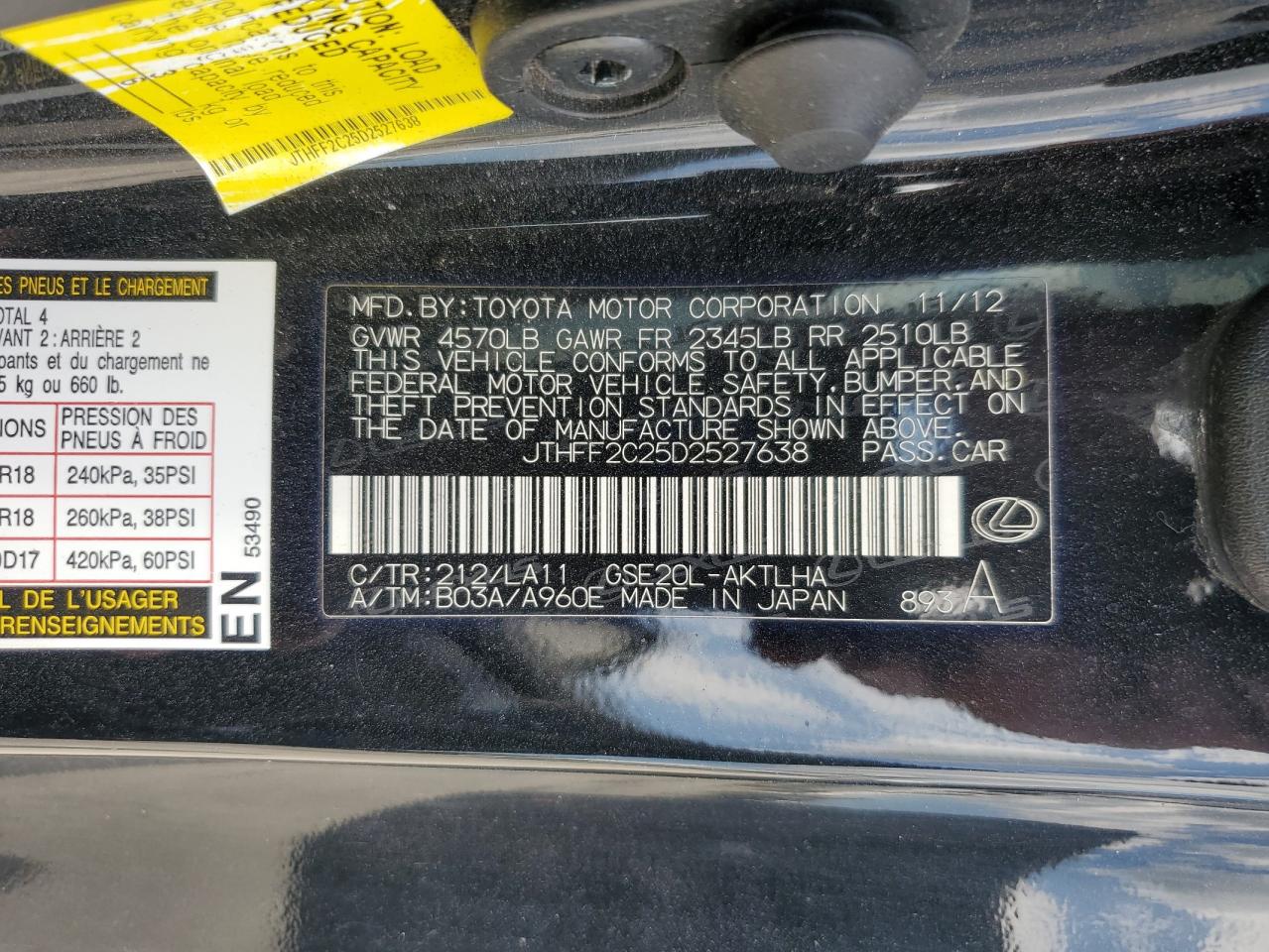 2013 Lexus Is 250 VIN: JTHFF2C25D2527638 Lot: 55654335