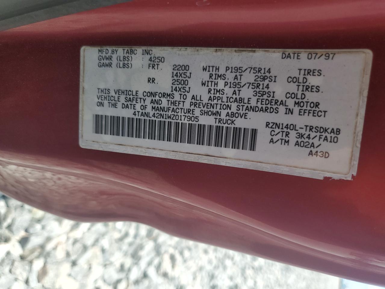 1998 Toyota Tacoma VIN: 4TANL42N1WZ017905 Lot: 56768645