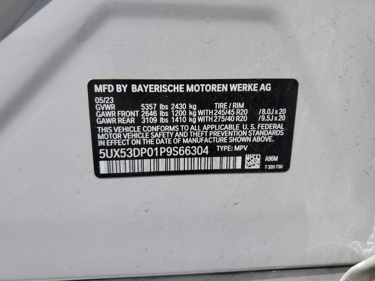 2023 BMW X3 xDrive30I VIN: 5UX53DP01P9S66304 Lot: 57277125