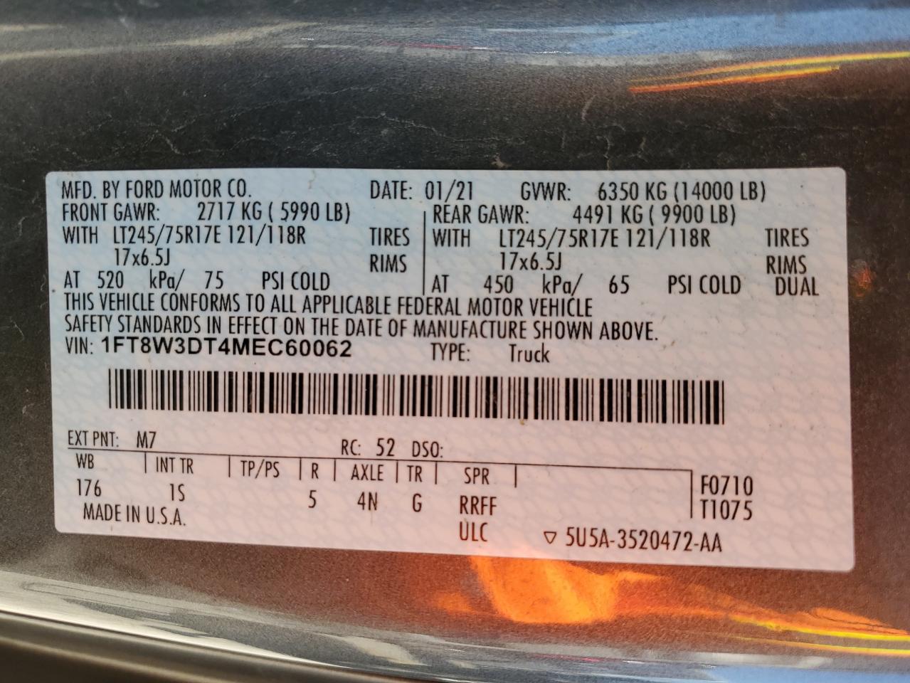 2021 Ford F350 Super Duty VIN: 1FT8W3DT4MEC60062 Lot: 55775935
