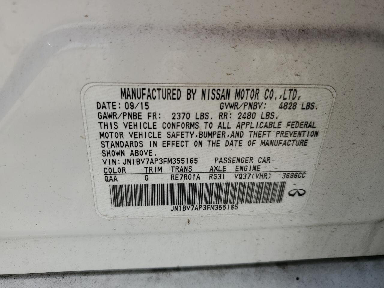 2015 Infiniti Q50 Base VIN: JN1BV7AP3FM355165 Lot: 57511635
