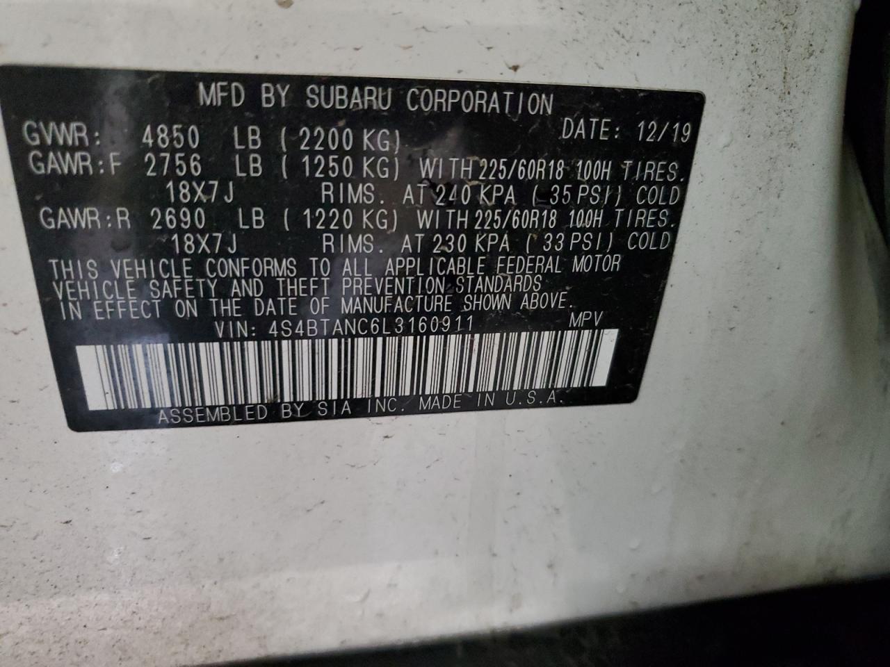 2020 Subaru Outback Limited VIN: 4S4BTANC6L3160911 Lot: 56903195