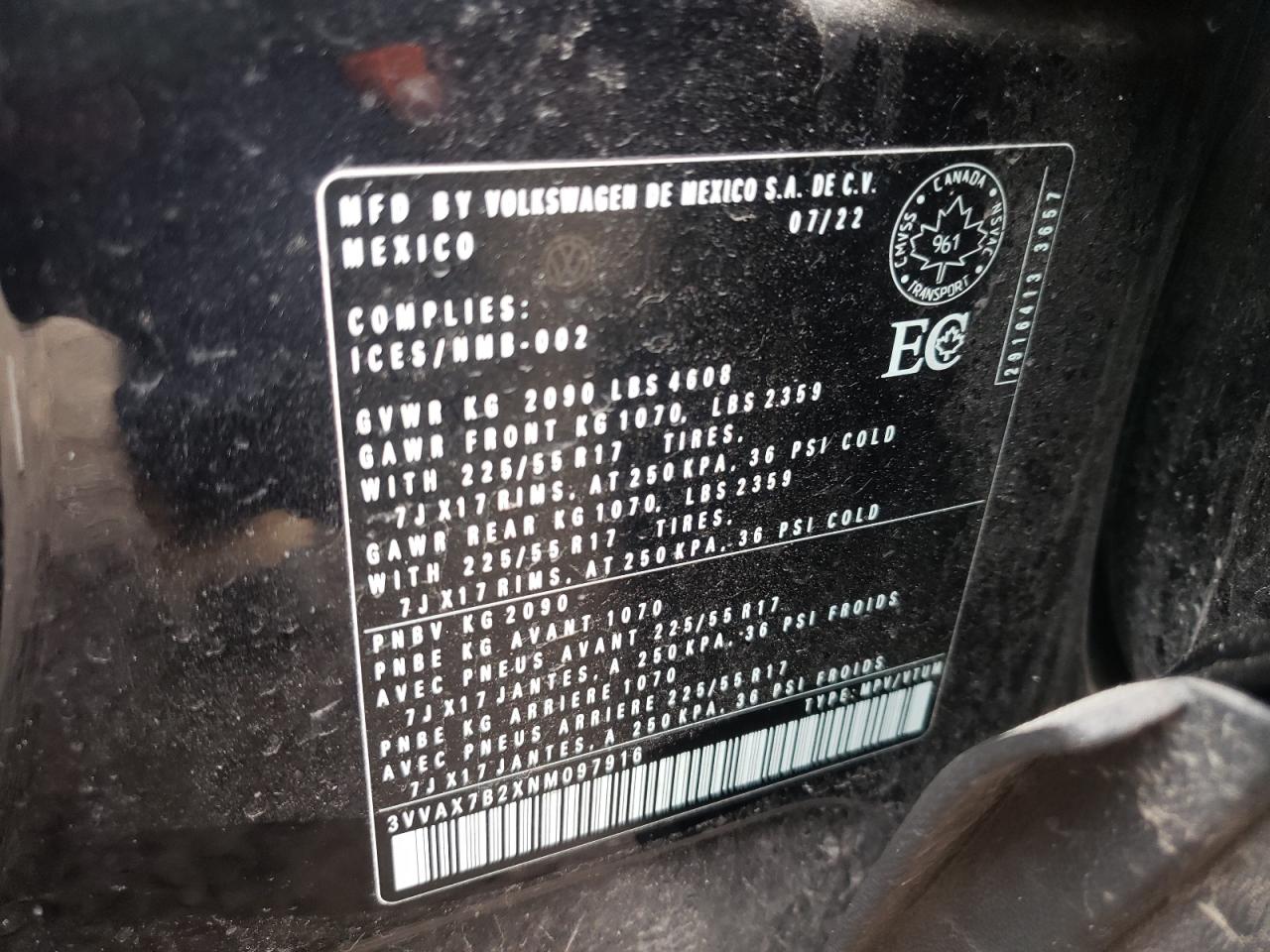 2022 Volkswagen Taos S VIN: 3VVAX7B2XNM097916 Lot: 57521465