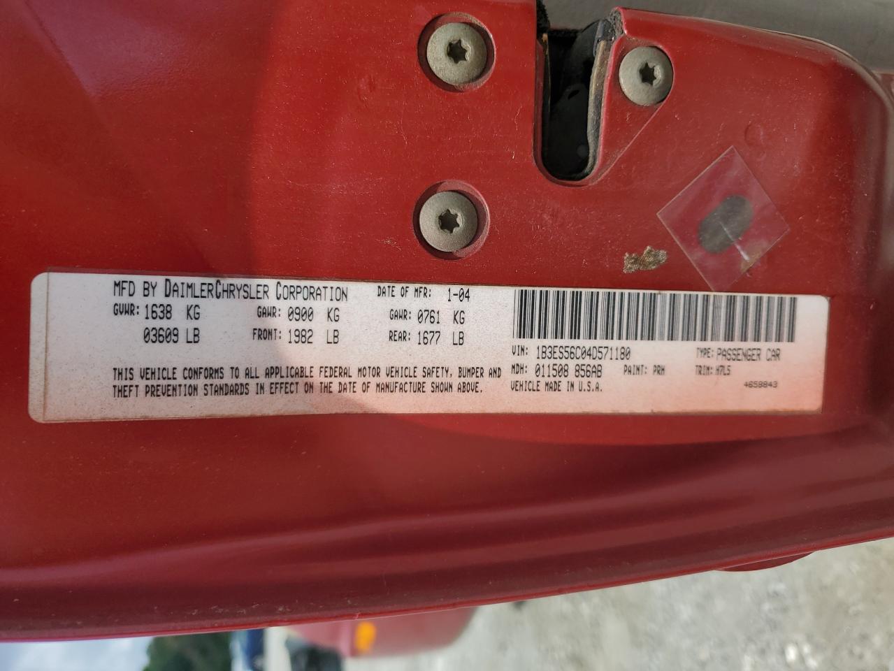 2004 Dodge Neon Sxt VIN: 1B3ES56C04D571180 Lot: 56933765