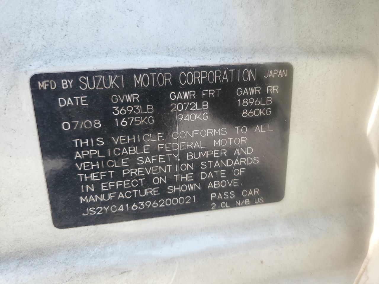 2009 Suzuki Sx4 VIN: JS2YC416396200021 Lot: 56676075