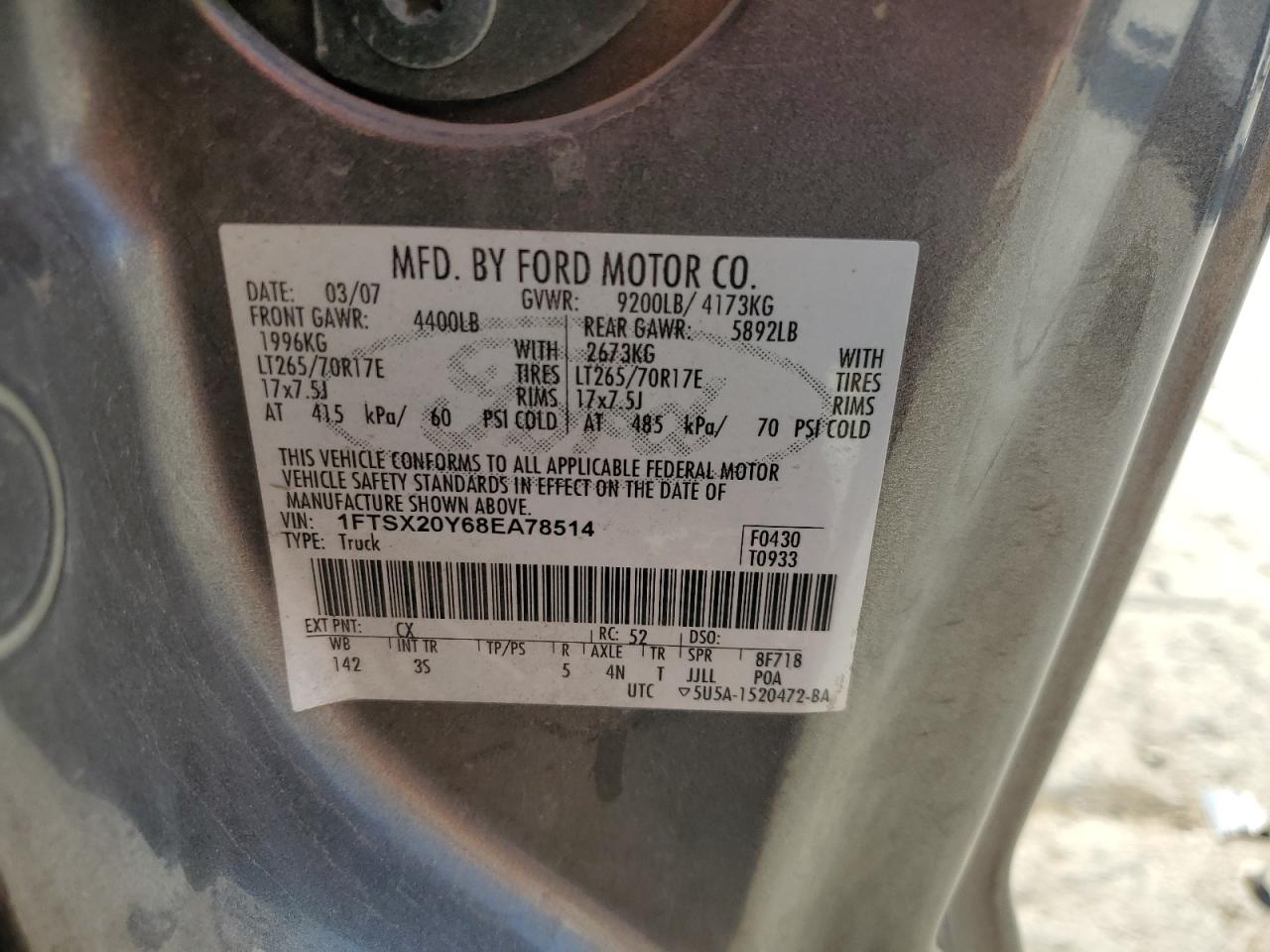2008 Ford F250 Super Duty VIN: 1FTSX20Y68EA78514 Lot: 57050805