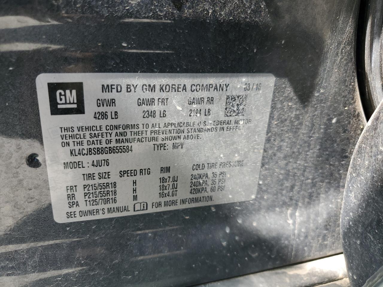 2016 Buick Encore Convenience VIN: KL4CJBSB8GB655584 Lot: 56933355
