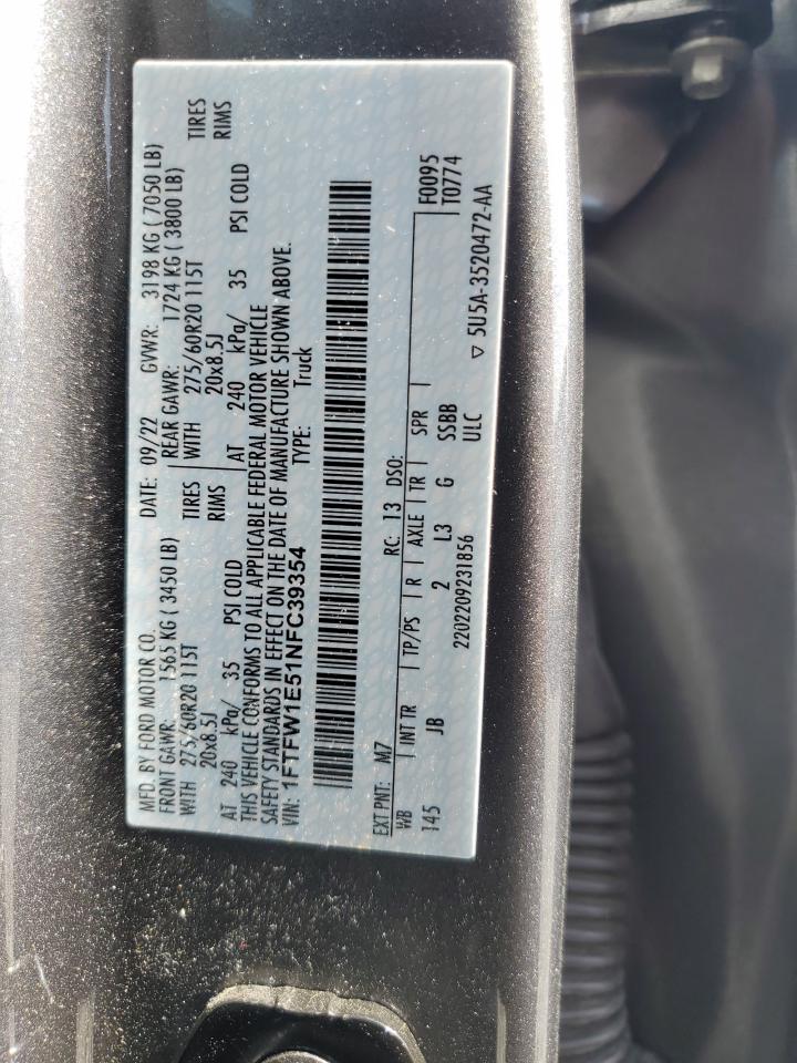 2022 Ford F150 Supercrew VIN: 1FTFW1E51NFC39354 Lot: 56568035
