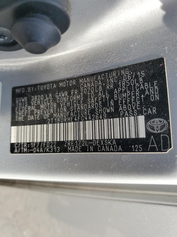 2015 Toyota Corolla L VIN: 2T1BURHE4FC442649 Lot: 56839125