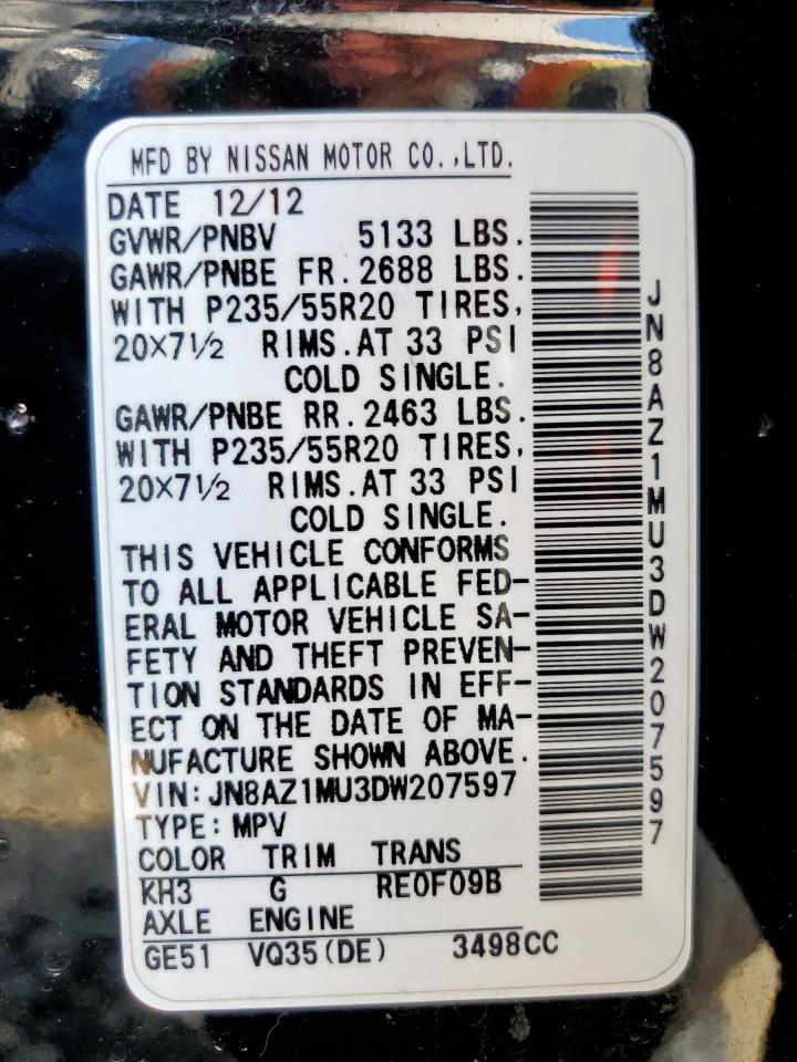 2013 Nissan Murano S VIN: JN8AZ1MU3DW207597 Lot: 57873725