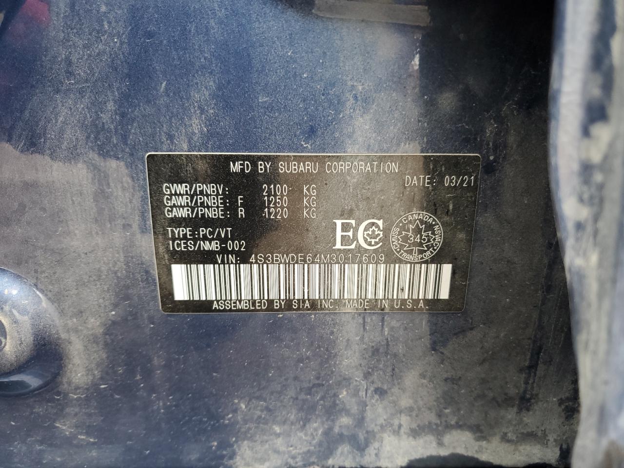 2021 Subaru Legacy Touring VIN: 4S3BWDE64M3017609 Lot: 54496195