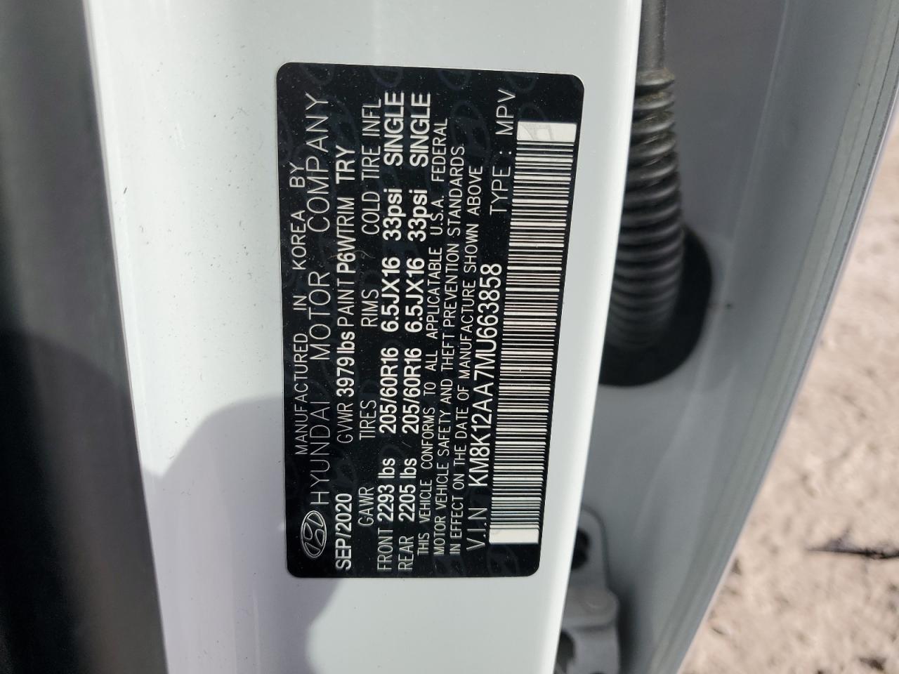 2021 Hyundai Kona Se VIN: KM8K12AA7MU663858 Lot: 56104355