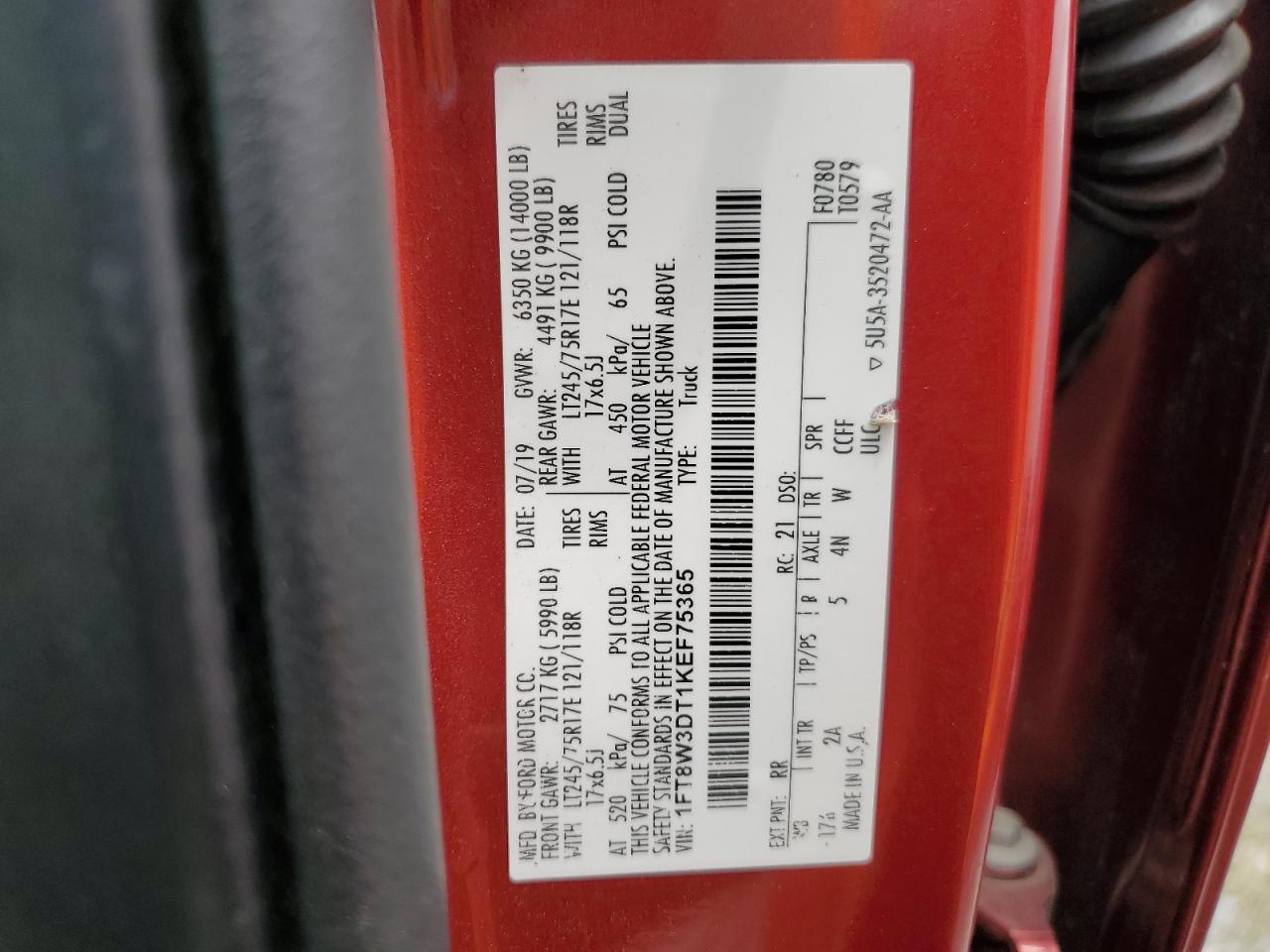 2019 Ford F350 Super Duty VIN: 1FT8W3DT1KEF75365 Lot: 56013305