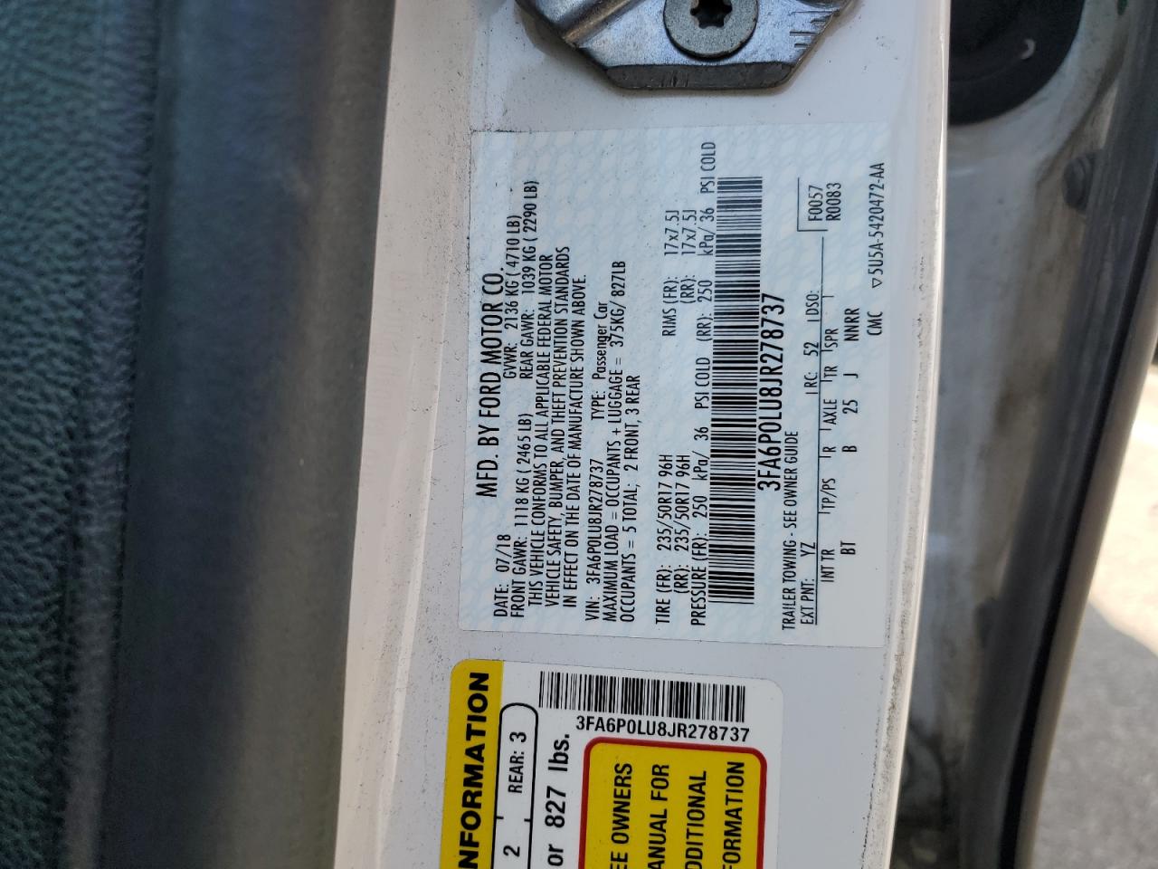 2018 Ford Fusion Se Hybrid VIN: 3FA6P0LU8JR278737 Lot: 54042525