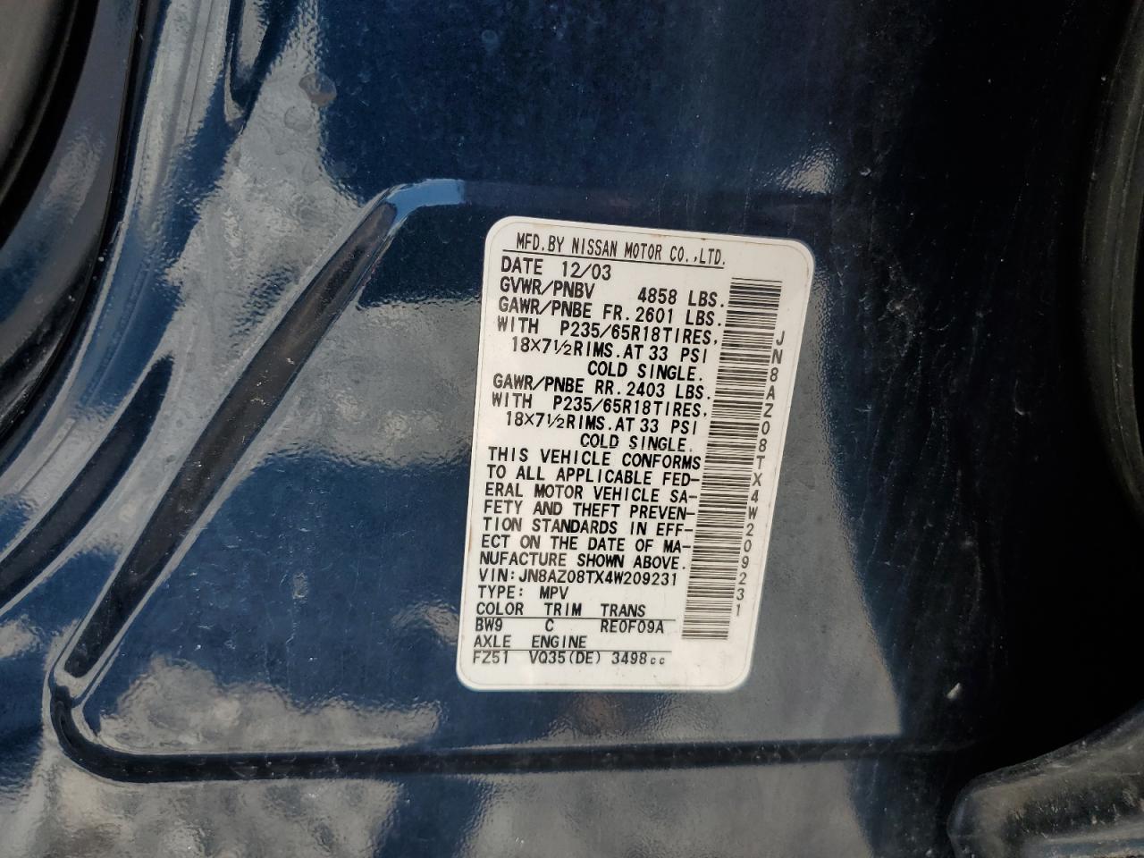 2004 Nissan Murano Sl VIN: JN8AZ08TX4W209231 Lot: 57307425