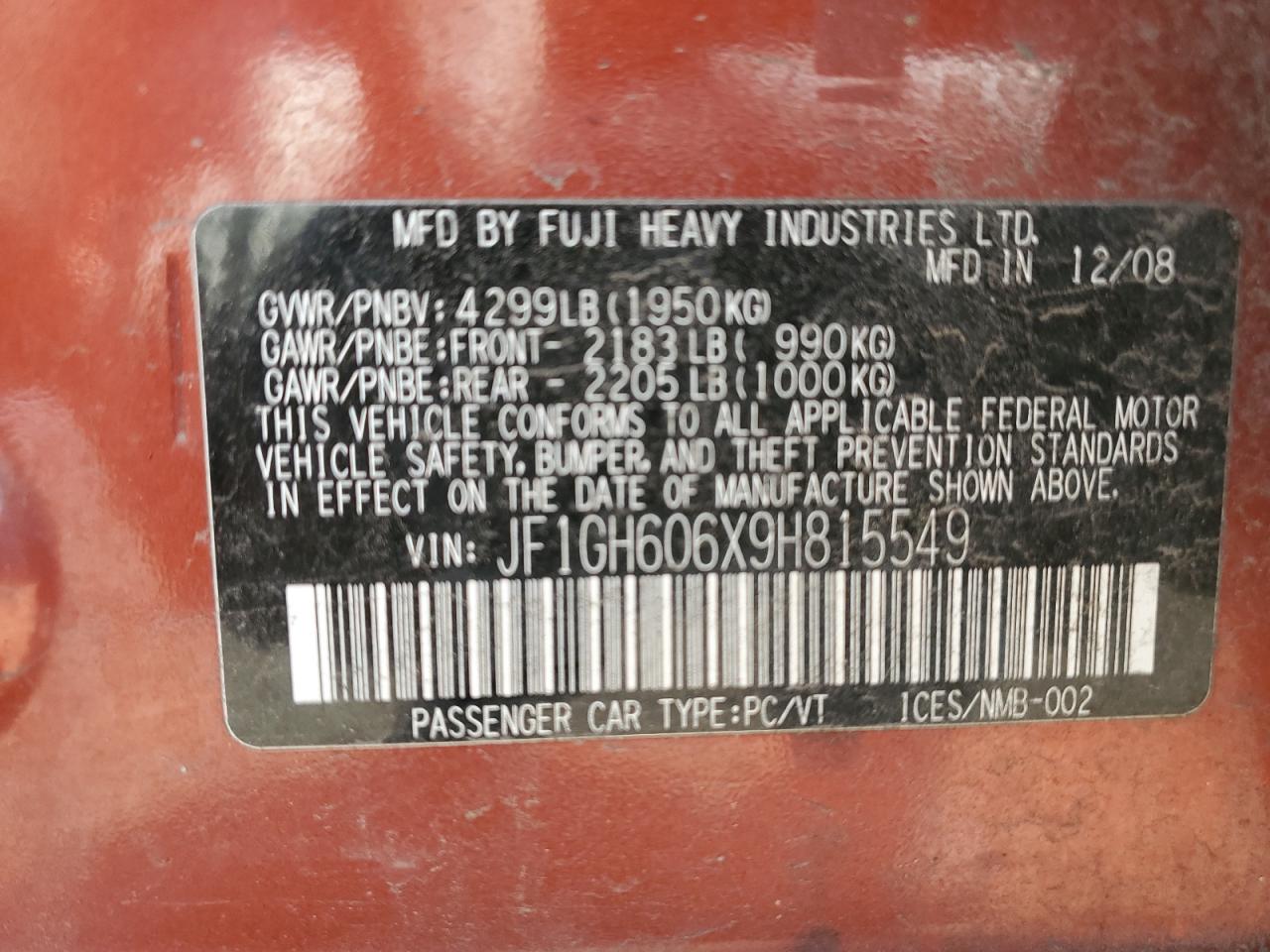 2009 Subaru Impreza 2.5I Premium VIN: JF1GH606X9H815549 Lot: 57320845