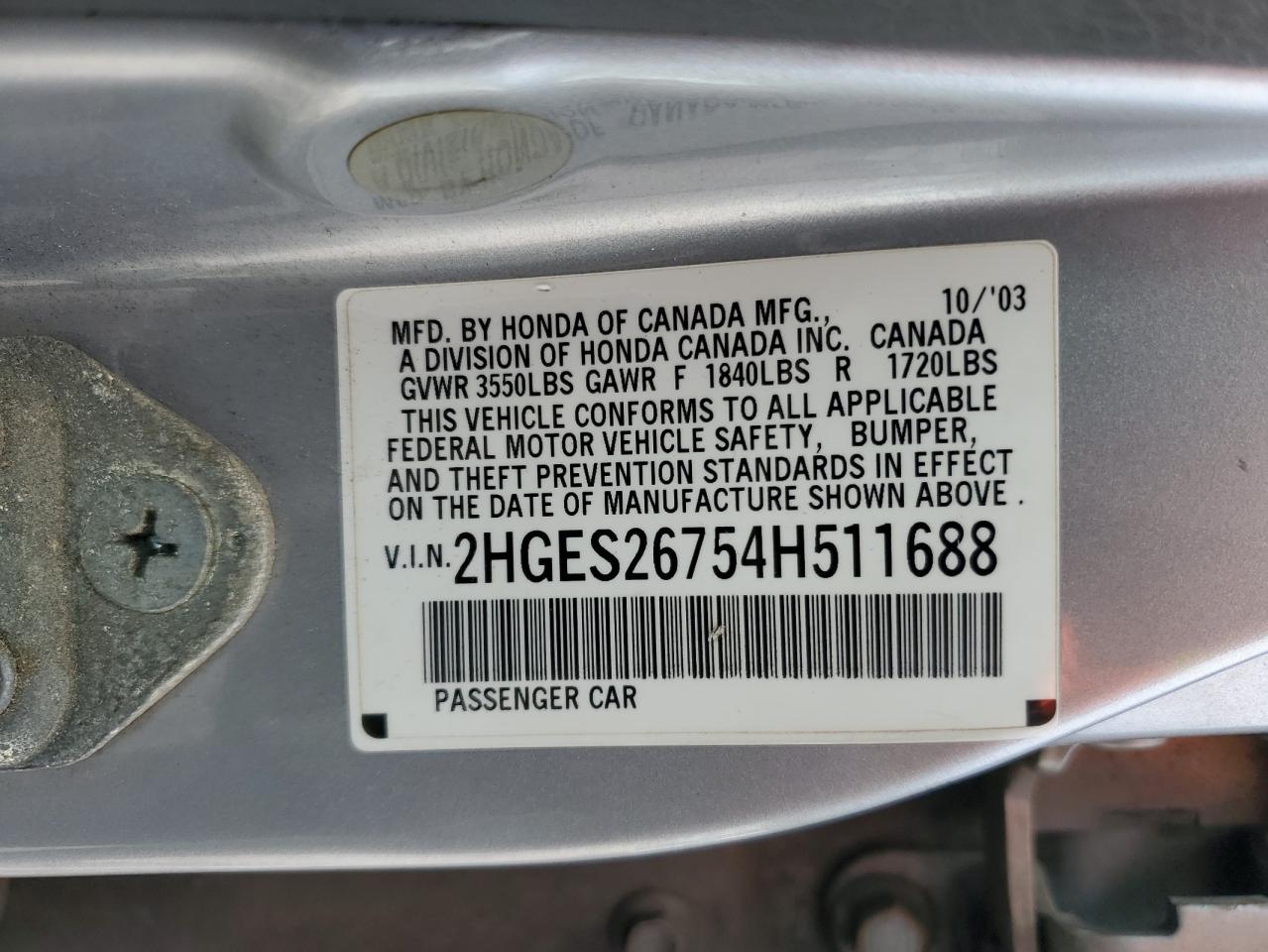 2004 Honda Civic Ex VIN: 2HGES26754H511688 Lot: 57111915