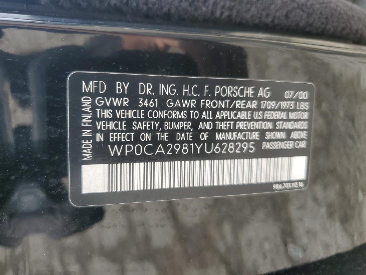 2000 Porsche Boxster VIN: WP0CA2981YU628295 Lot: 56569115