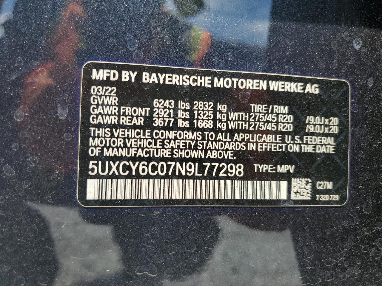 2022 BMW X6 xDrive40I VIN: 5UXCY6C07N9L77298 Lot: 56392885