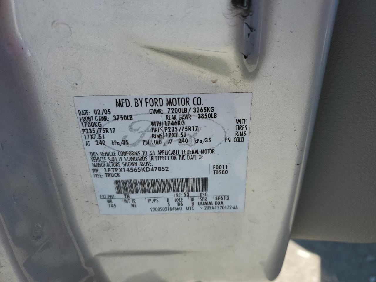 2005 Ford F150 VIN: 1FTPX14565KD47852 Lot: 56718675