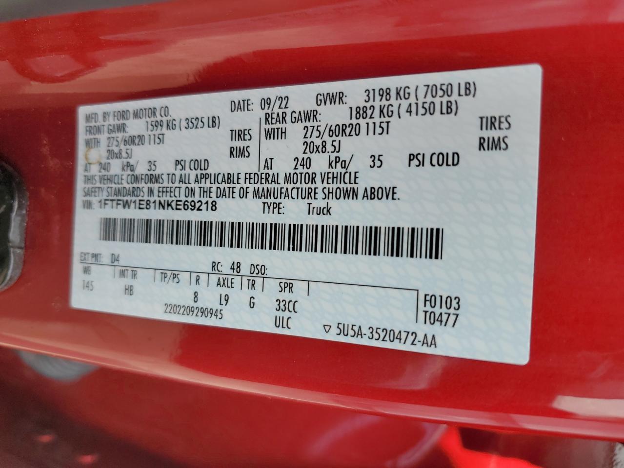 2022 Ford F150 Supercrew VIN: 1FTFW1E81NKE69218 Lot: 57490175
