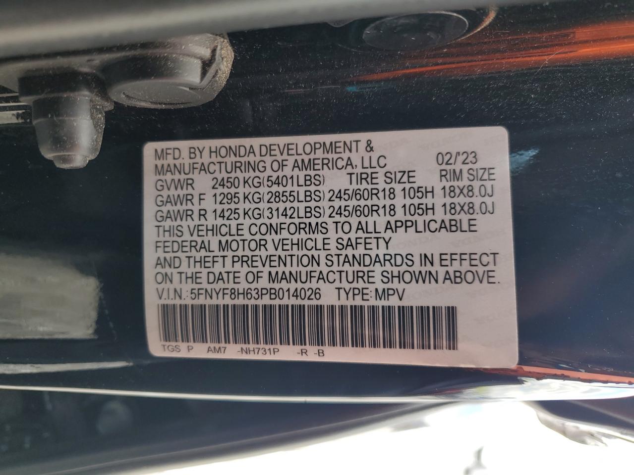2023 Honda Passport Trail Sport VIN: 5FNYF8H63PB014026 Lot: 55892875