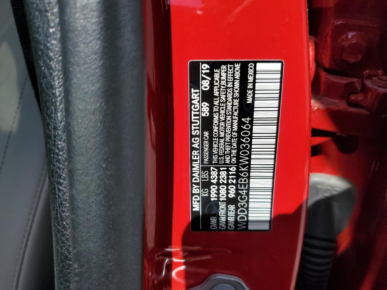 2019 Mercedes-Benz A 220 VIN: WDD3G4EB6KW036064 Lot: 51801785