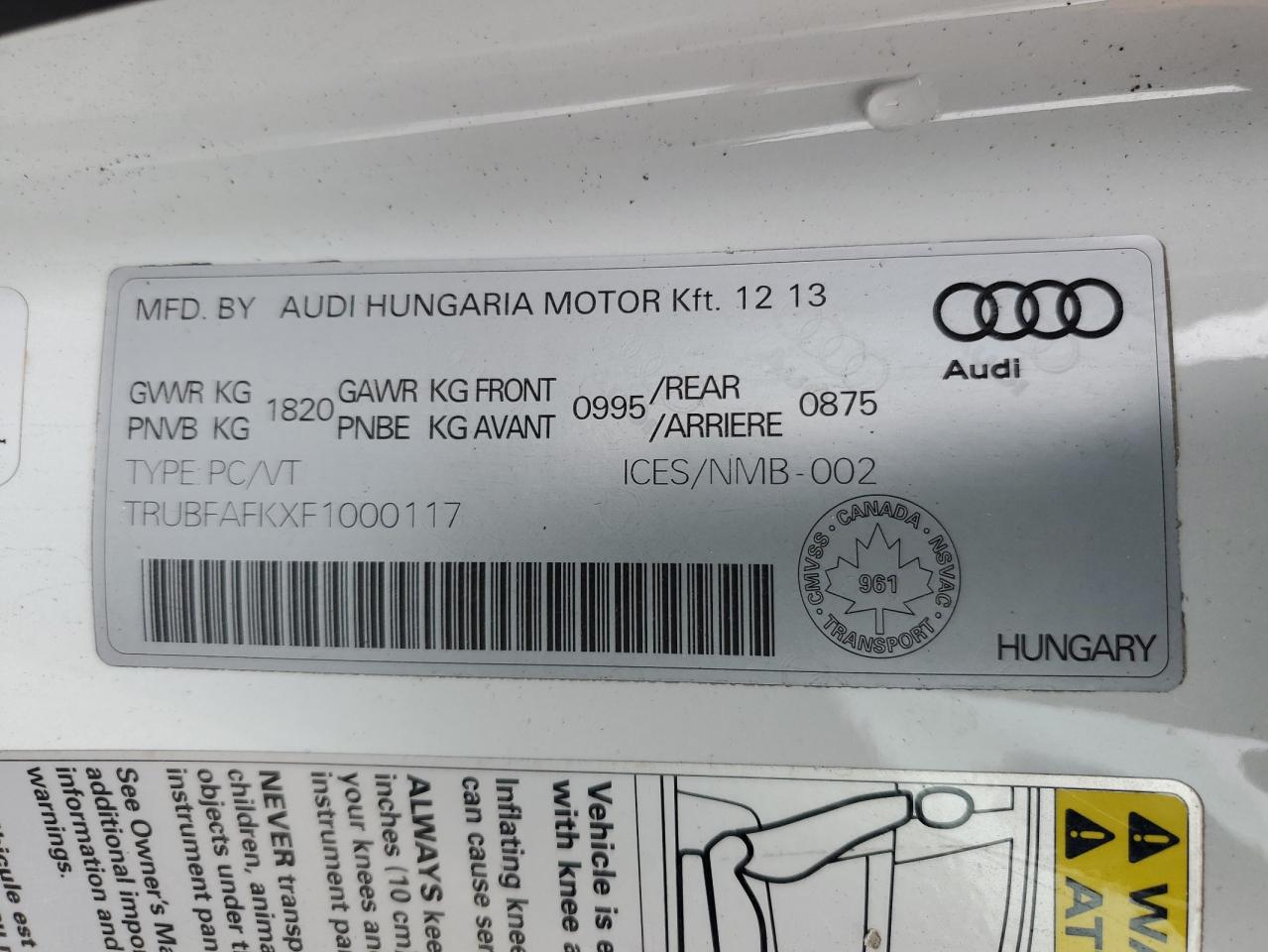 2015 Audi Tt VIN: TRUBFAFKXF1000117 Lot: 55913765