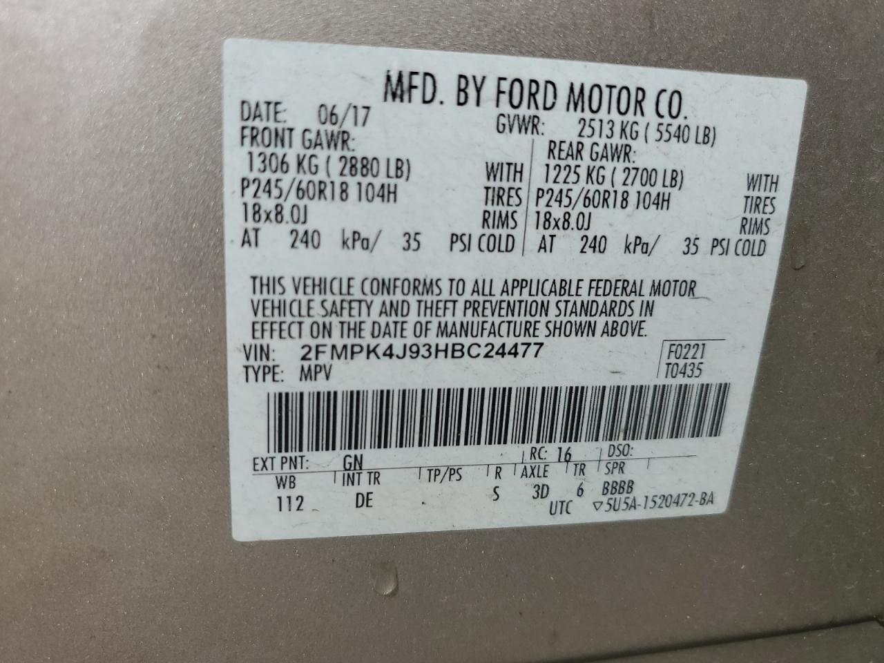 2017 Ford Edge Sel VIN: 2FMPK4J93HBC24477 Lot: 58509885