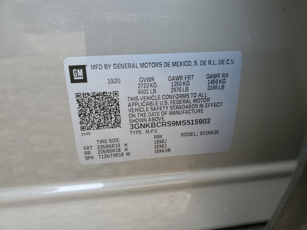 2021 Chevrolet Blazer 2Lt VIN: 3GNKBCRS9MS515903 Lot: 56560725