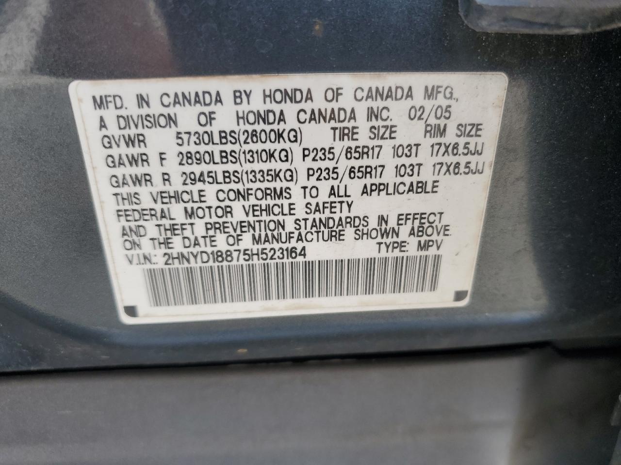 2005 Acura Mdx Touring VIN: 2HNYD18875H523164 Lot: 56415705