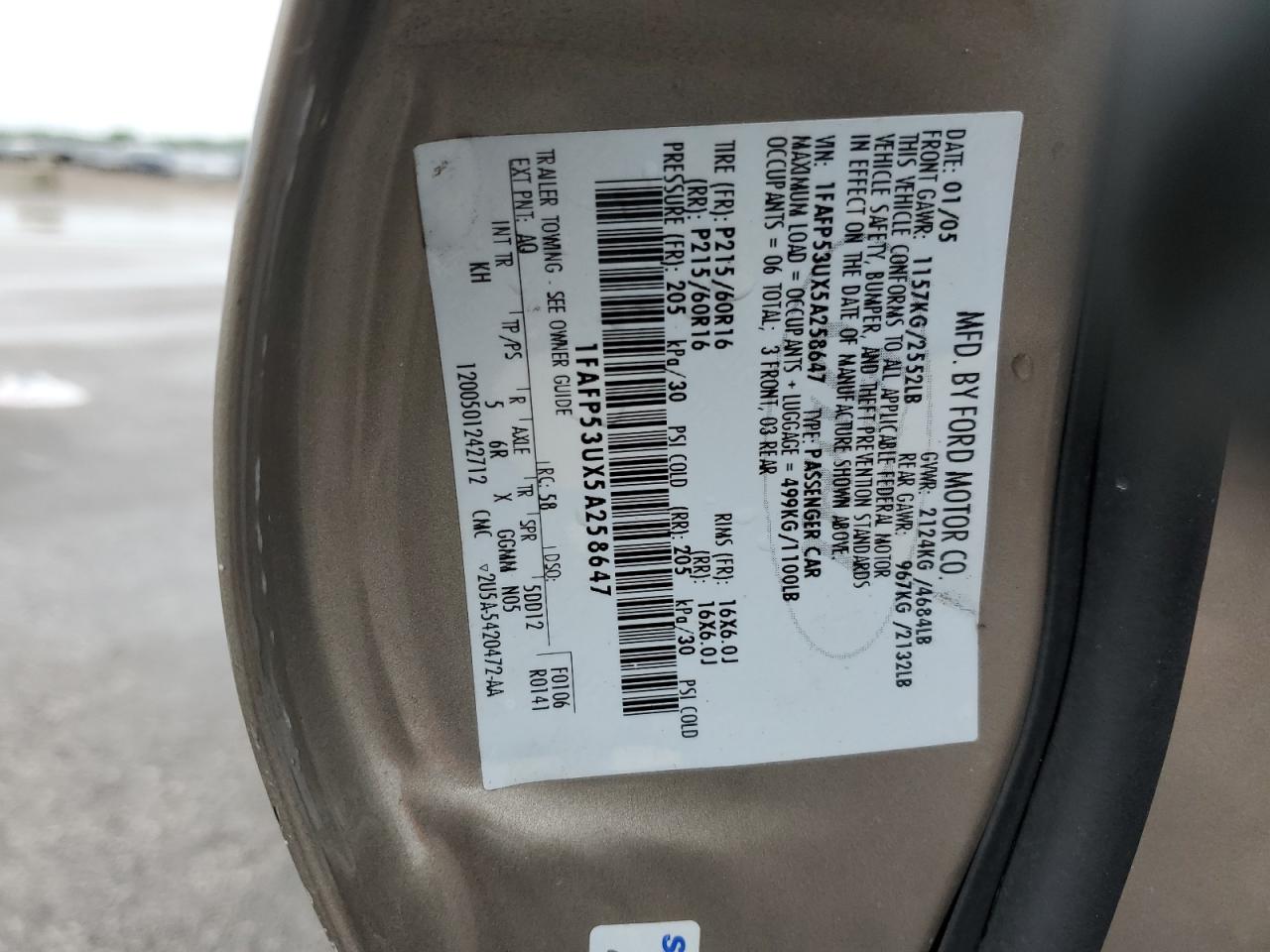 2005 Ford Taurus Se VIN: 1FAFP53UX5A258647 Lot: 57638985
