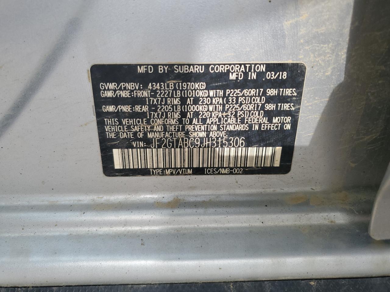 2018 Subaru Crosstrek Premium VIN: JF2GTABC9JH315306 Lot: 55630705