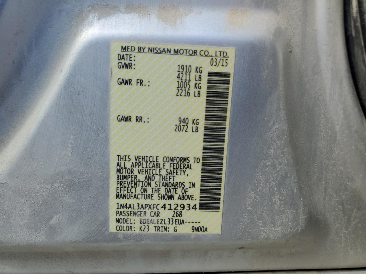 2015 Nissan Altima 2.5 VIN: 1N4AL3APXFC412934 Lot: 56894115