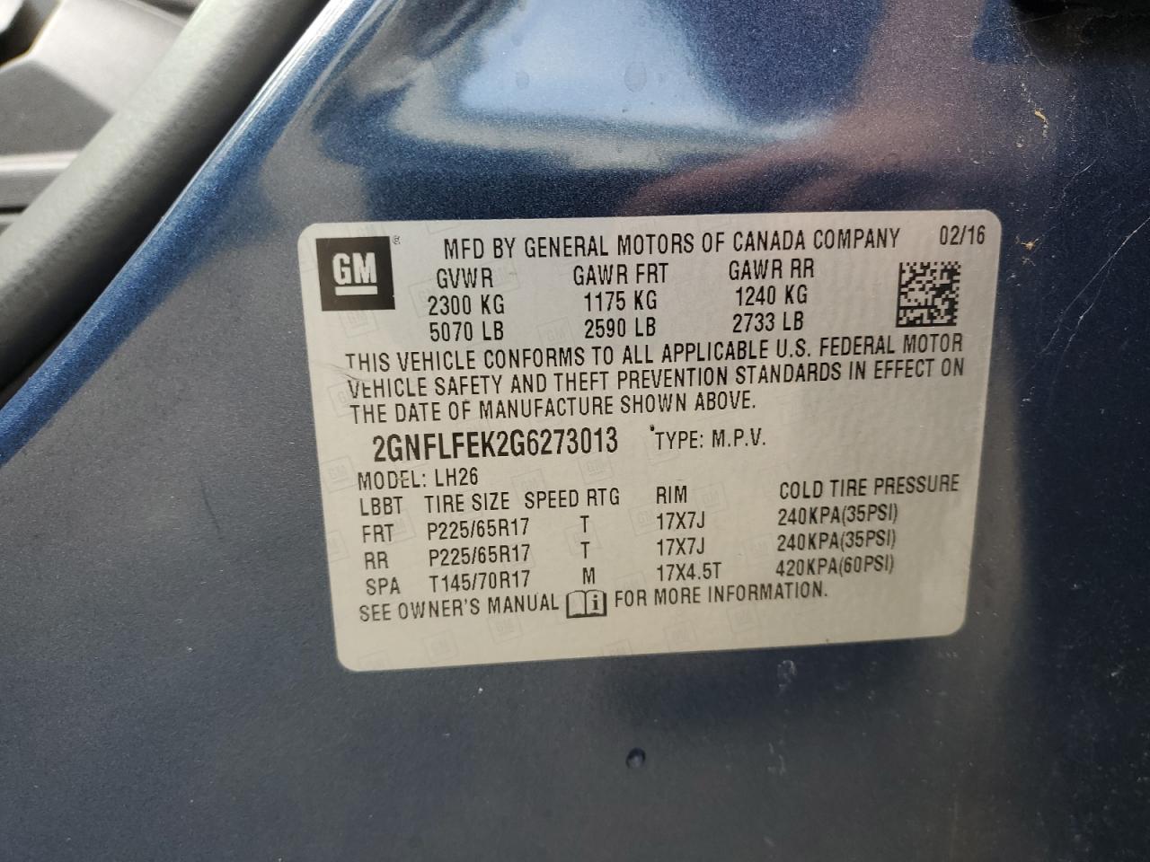 2016 Chevrolet Equinox Lt VIN: 2GNFLFEK2G6273013 Lot: 57278915