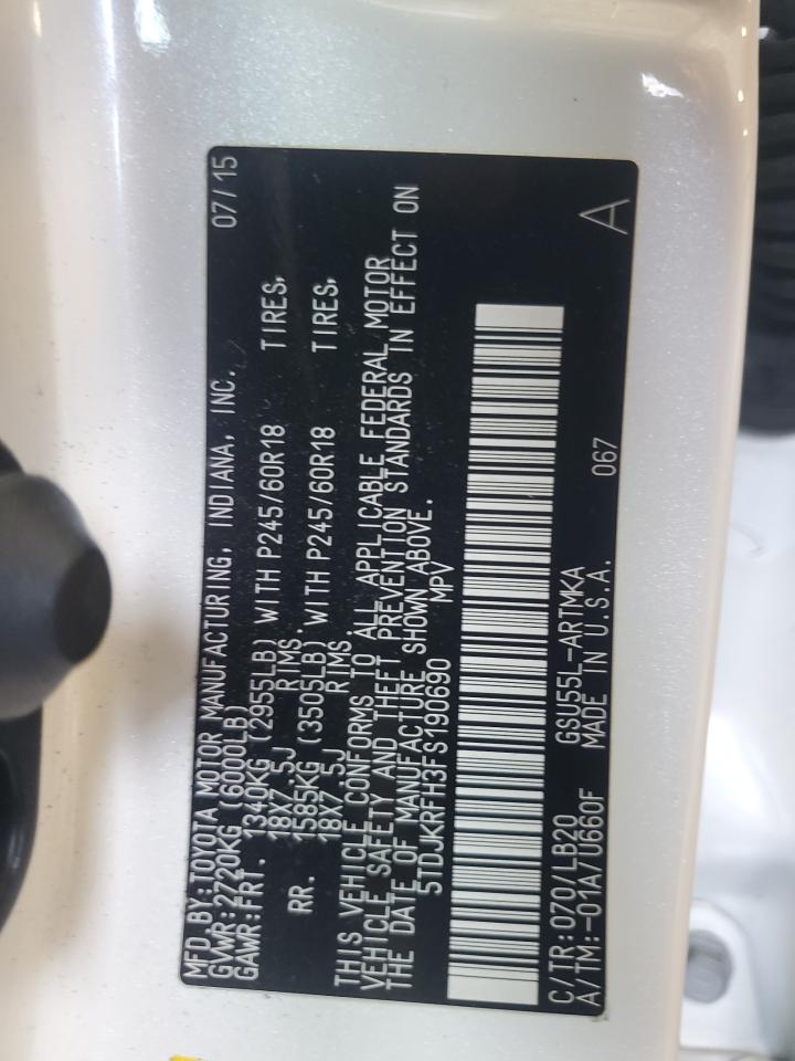 2015 Toyota Highlander Xle VIN: 5TDJKRFH3FS190690 Lot: 55416155