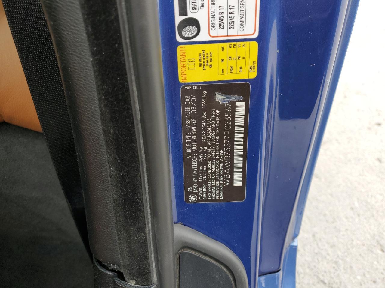 2007 BMW 335 I VIN: WBAWB73577P023567 Lot: 56060425