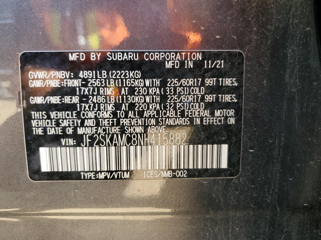 2022 Subaru Forester Wilderness VIN: JF2SKAMC8NH415882 Lot: 55456505