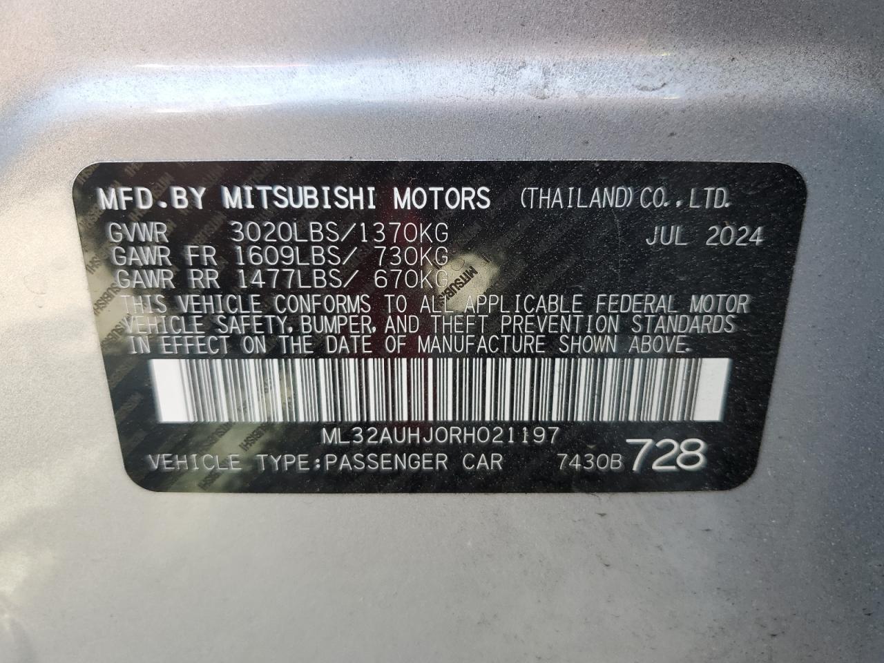 2024 Mitsubishi Mirage Es VIN: ML32AUHJ0RH021197 Lot: 55215225