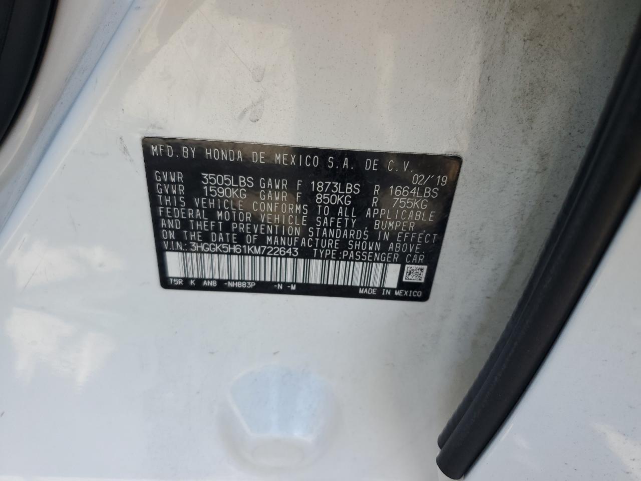 2019 Honda Fit Sport VIN: 3HGGK5H61KM722643 Lot: 56719185