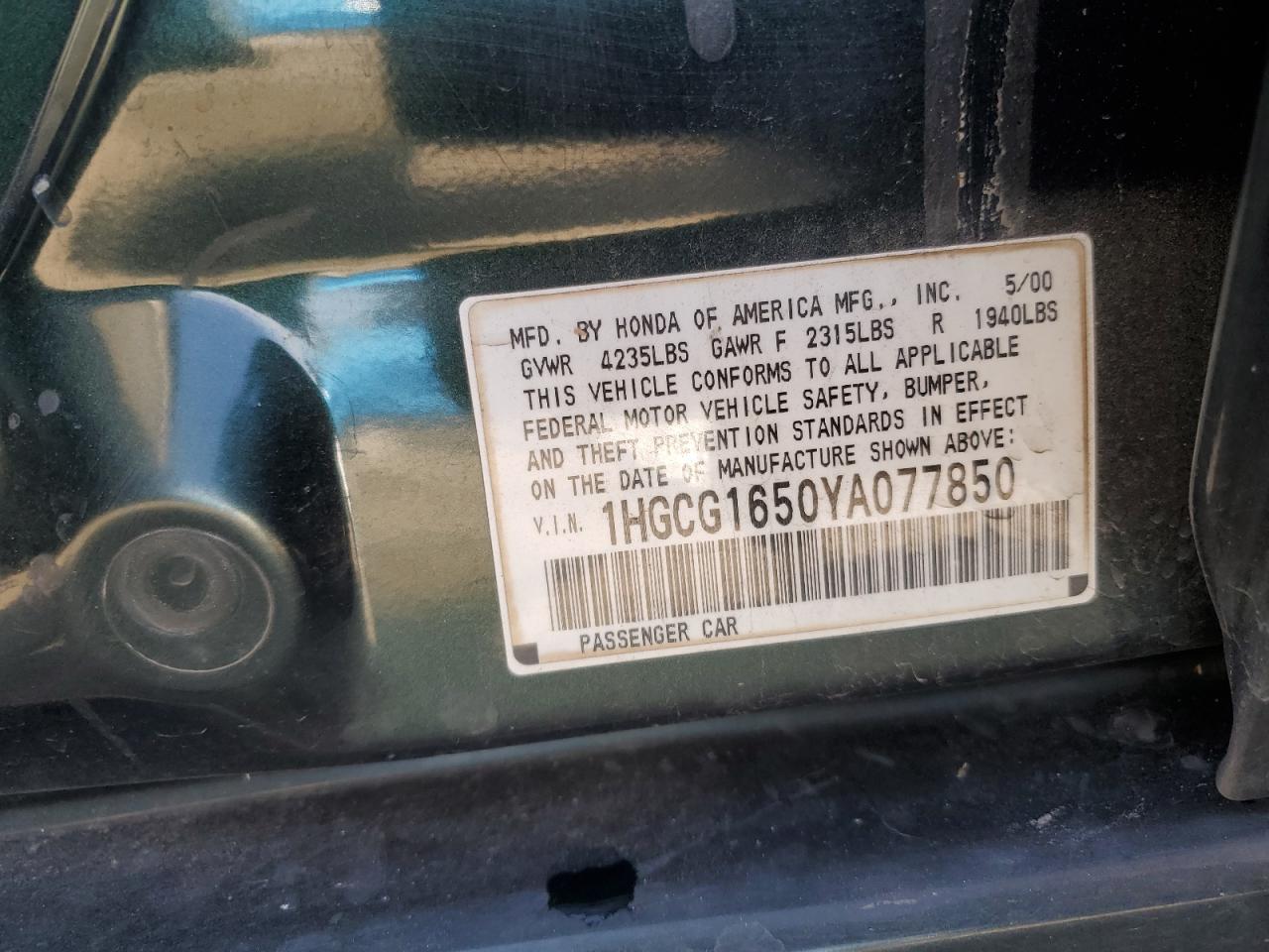 2000 Honda Accord Ex VIN: 1HGCG1650YA077850 Lot: 57105575