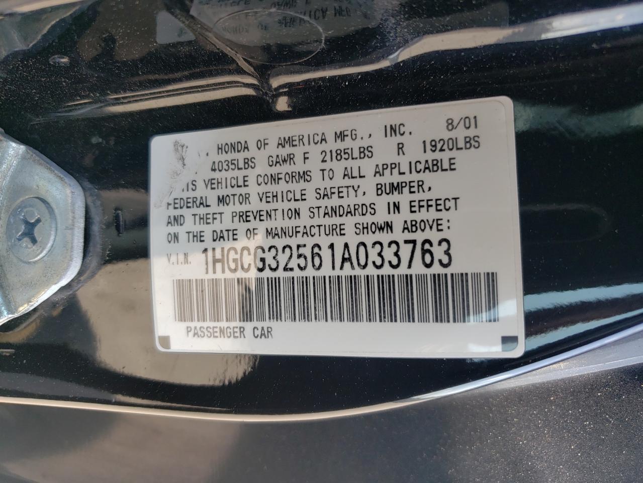 2001 Honda Accord Ex VIN: 1HGCG32561A033763 Lot: 55588305