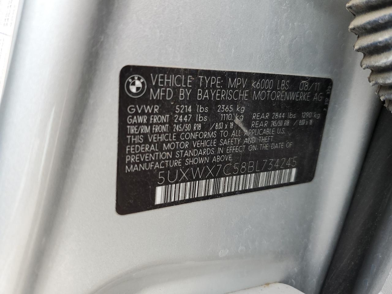 2011 BMW X3 xDrive35I VIN: 5UXWX7C58BL734245 Lot: 58249875