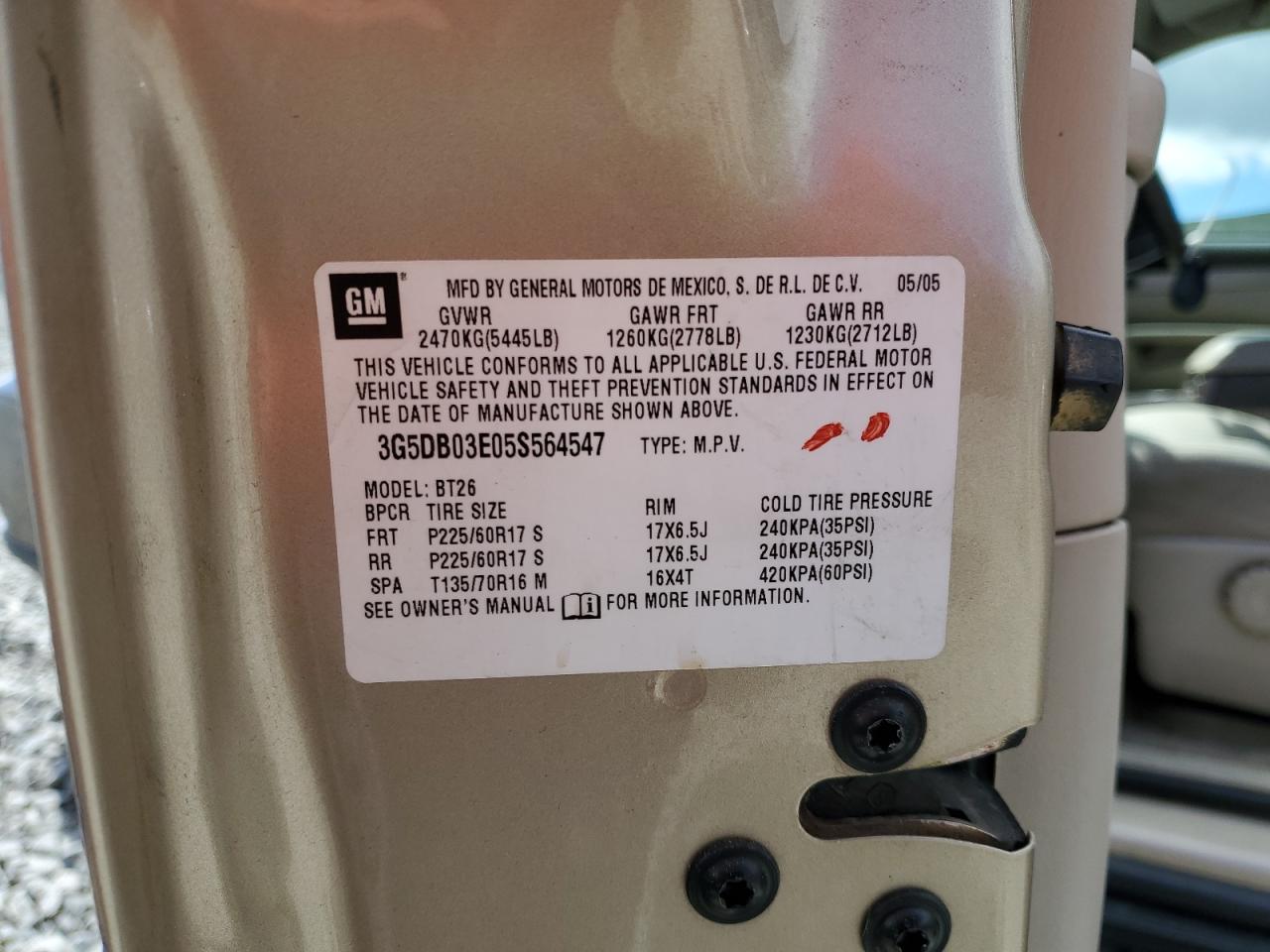 2005 Buick Rendezvous Cx VIN: 3G5DB03E05S564547 Lot: 55623175