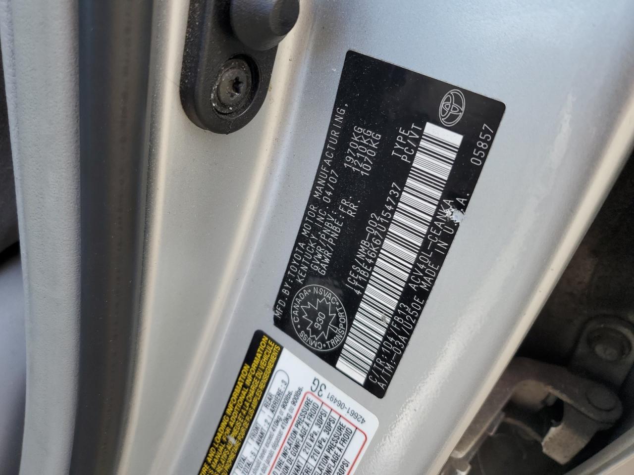 2007 Toyota Camry Ce VIN: 4T1BE46K67U154737 Lot: 56517615