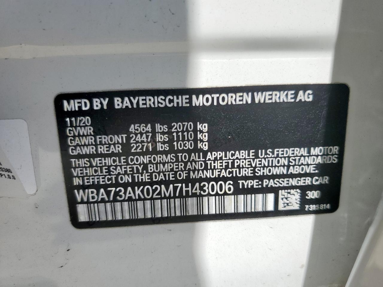 2021 BMW 228Xi VIN: WBA73AK02M7H43006 Lot: 57994095