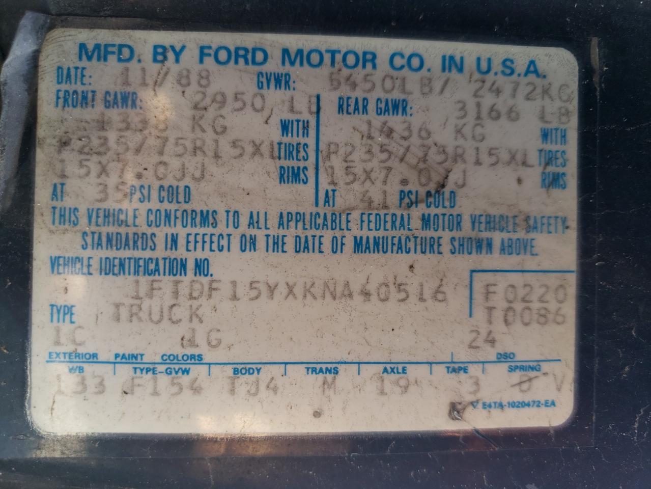 1989 Ford F150 VIN: 1FTDF15YXKNA40516 Lot: 56369965