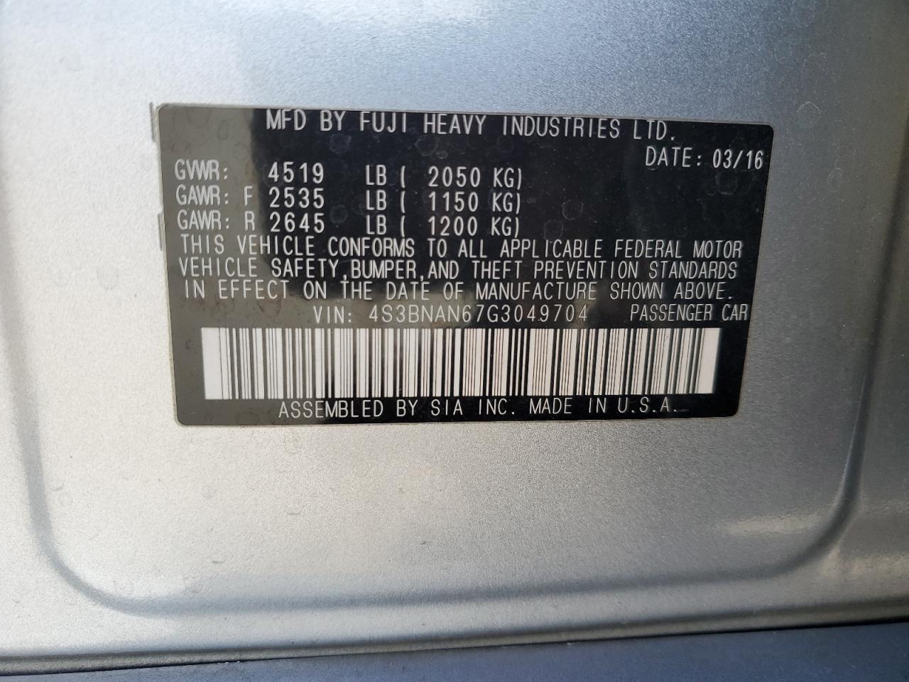 2016 Subaru Legacy 2.5I Limited VIN: 4S3BNAN67G3049704 Lot: 56964545