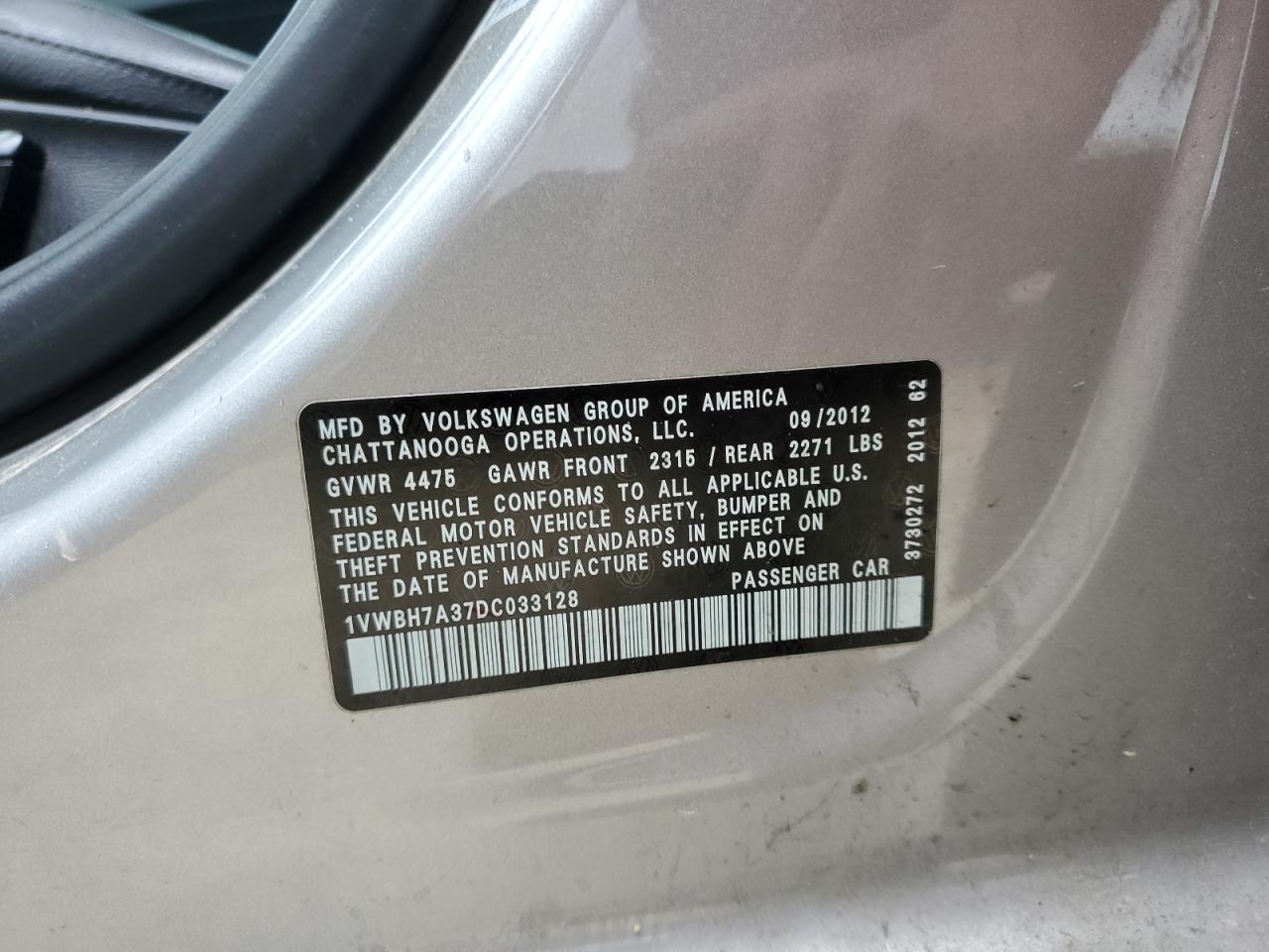 2013 Volkswagen Passat Se VIN: 1VWBH7A37DC033128 Lot: 57861145