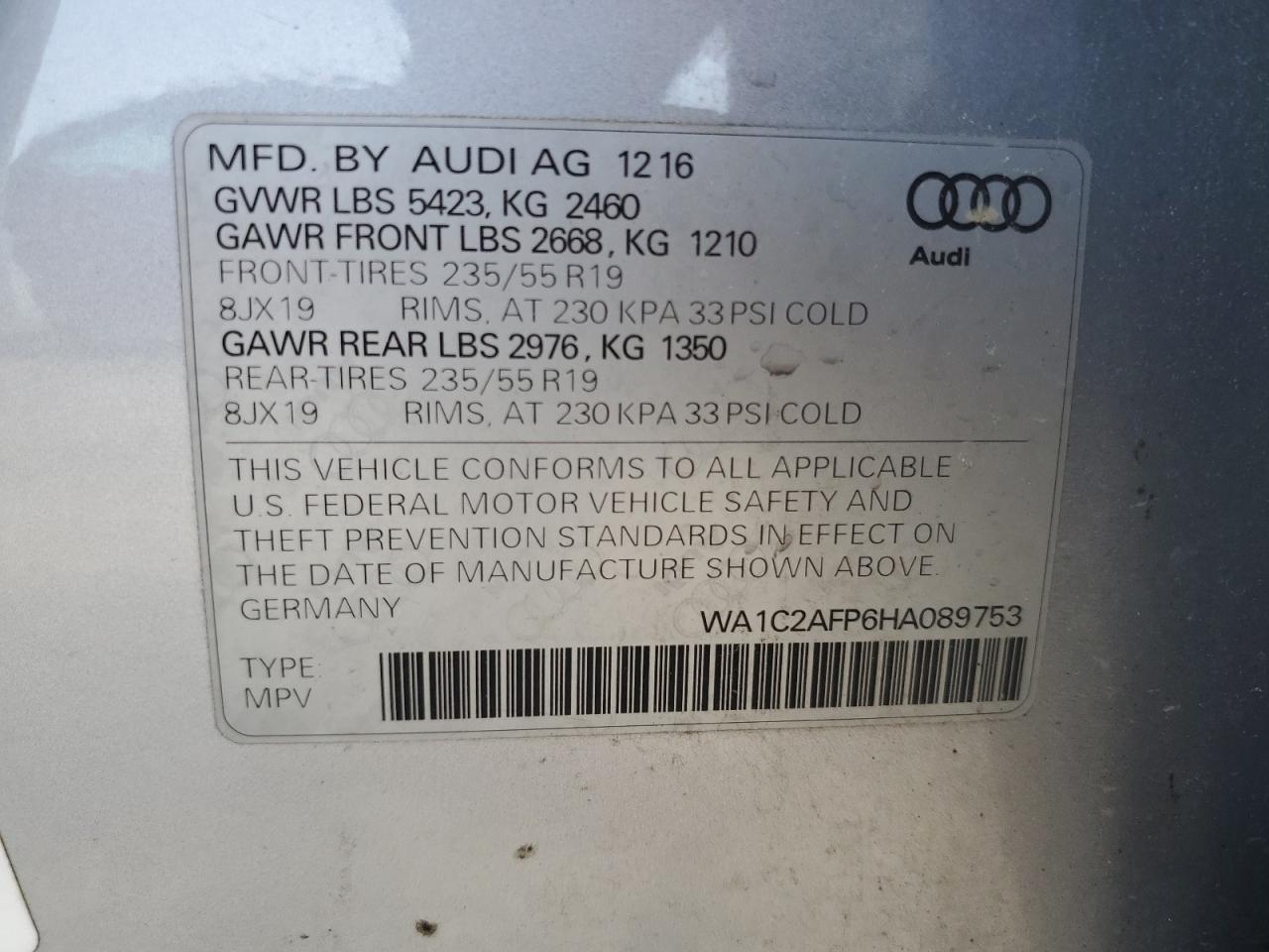 2017 Audi Q5 Premium VIN: WA1C2AFP6HA089753 Lot: 57130595